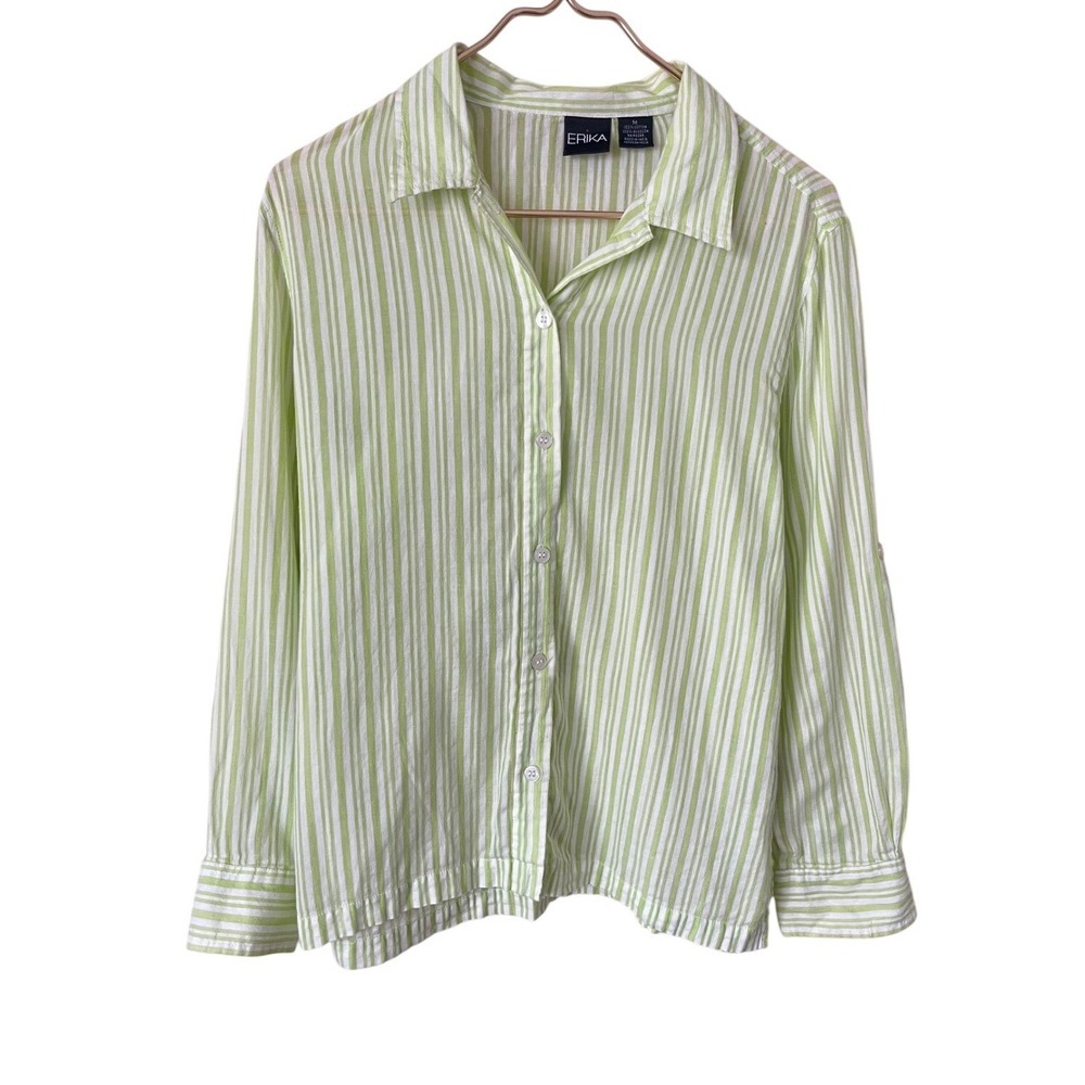 Erika Lime Green White Striped Button Down‎ Shirt Womens Medium 100% Cotton